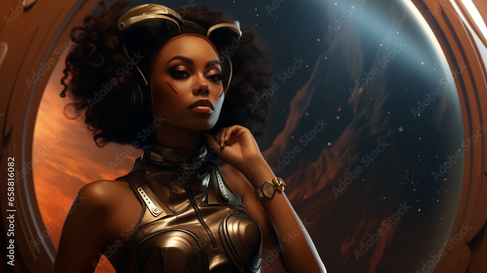 Dark Skin Woman in Space Retro Futuristic Dark Skin Woman in Space Retro Futuristic