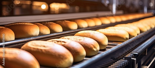 Automated conveyor belt moves bread in a bakery With copyspace for text