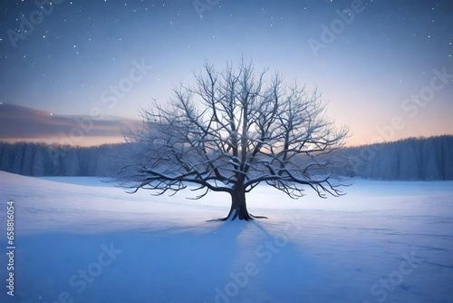 A photorealistic 3D rendering of a winter tree standing alone in a field at dawn, similar to the reference image.  © sania