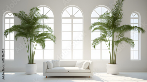 The interior of a white room contains a sofa, a window, and a vibrant green palm tree.