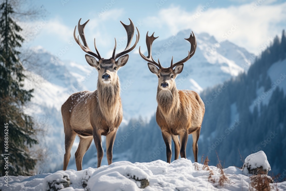 two deer standing in the snow on mointains covered landscape, in the style of mysterious backdrops two deer standing in the snow on mointains covered landscape, in the style of mysterious backdrops