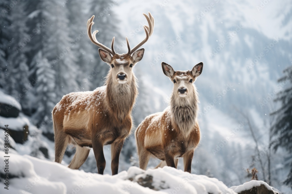 two deer standing in the snow on mointains covered landscape, in the style of mysterious backdrops two deer standing in the snow on mointains covered landscape, in the style of mysterious backdrops