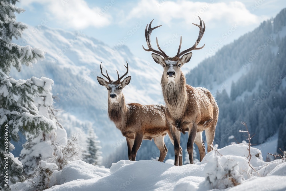 two deer standing in the snow on mointains covered landscape, in the style of mysterious backdrops two deer standing in the snow on mointains covered landscape, in the style of mysterious backdrops