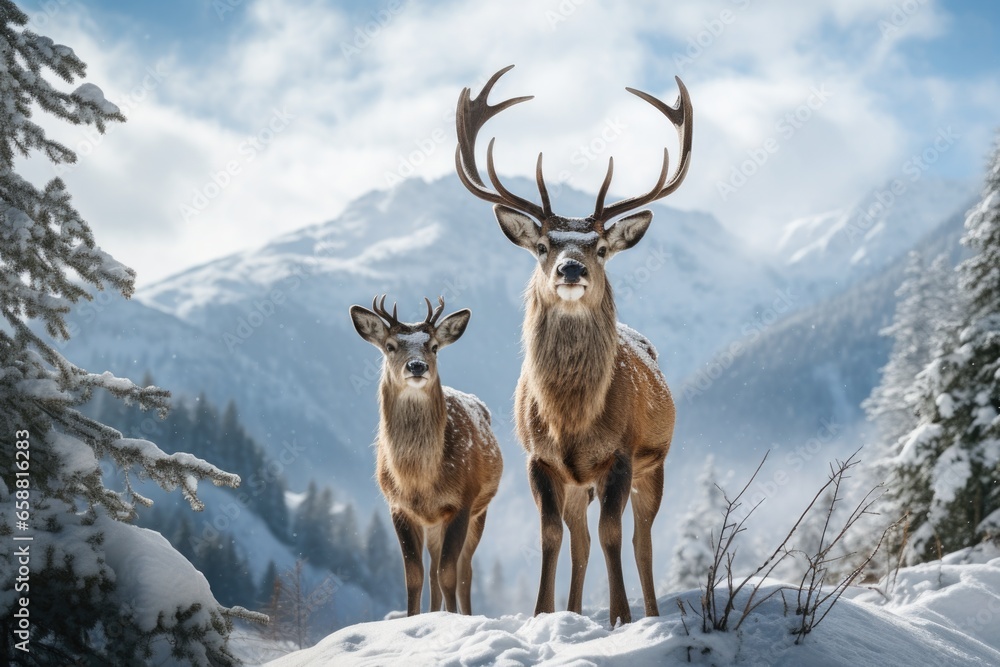 two deer standing in the snow on mointains covered landscape, in the style of mysterious backdrops