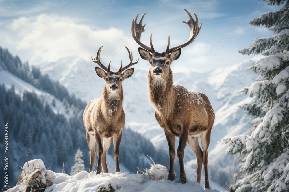 two deer standing in the snow on mointains covered landscape, in the style of mysterious backdrops two deer standing in the snow on mointains covered landscape, in the style of mysterious backdrops