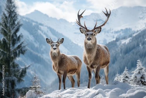 two deer standing in the snow on mointains covered landscape, in the style of mysterious backdrops © Maria Tatic