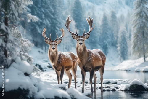  two deer standing in the snow on the lake covered landscape, in the style of mysterious backdrops © Maria Tatic