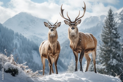 two deer standing in the snow on mointains covered landscape, in the style of mysterious backdrops © Maria Tatic