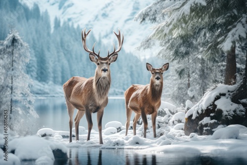  two deer standing in the snow on the lake covered landscape  in the style of mysterious backdrops