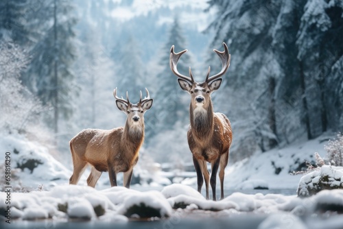 two deer standing in the snow on the lake covered landscape, in the style of mysterious backdrops © Maria Tatic