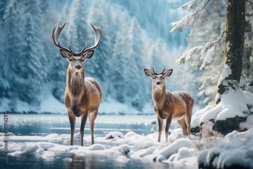 two deer standing in the snow on the lake covered landscape, in the style of mysterious backdrops © Maria Tatic