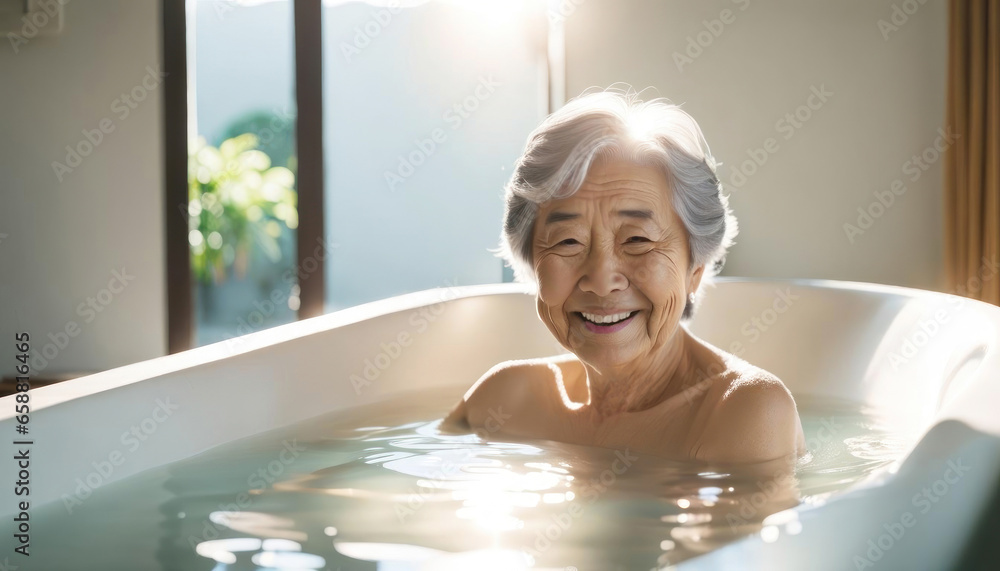 Elderly asian lady enjoying a hot bath with copy space - obrazy, fototapety, plakaty 