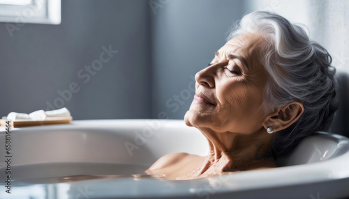 Elderly lady enjoying her bath with copy space photo