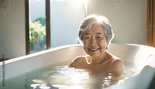 Elderly asian lady enjoying a hot bath with copy space photo