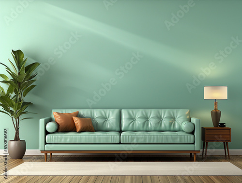 Living room home interior background. Empty Teal wall mock up.