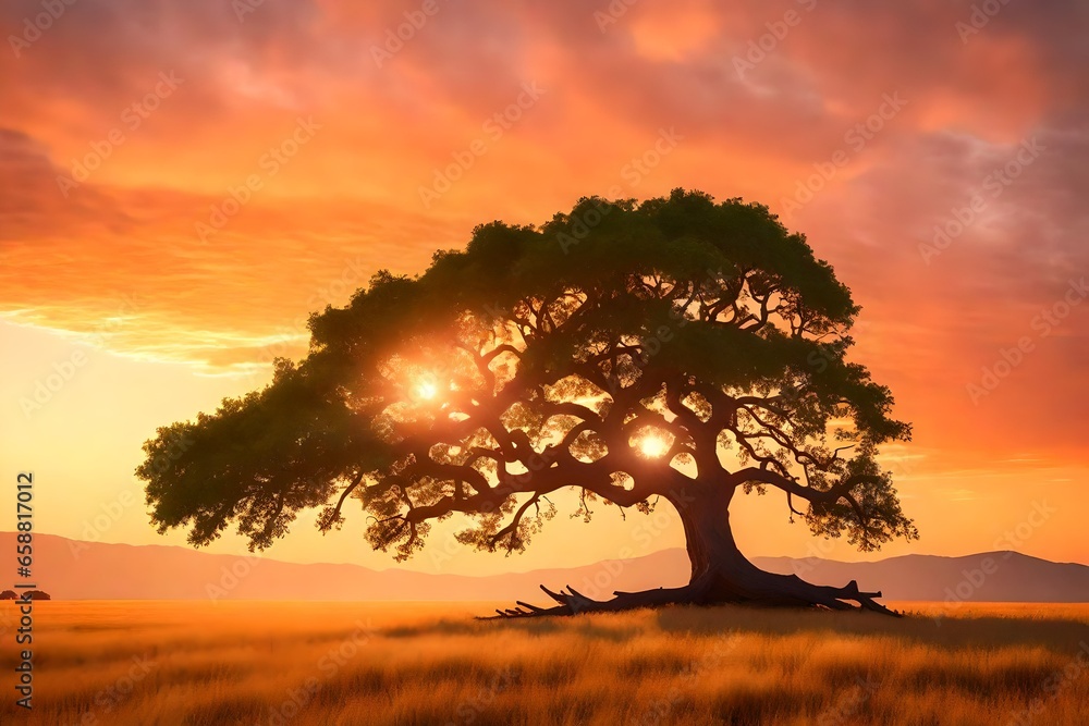 A photorealistic 3D rendering of a lonely green oak tree in a field at sunset. 