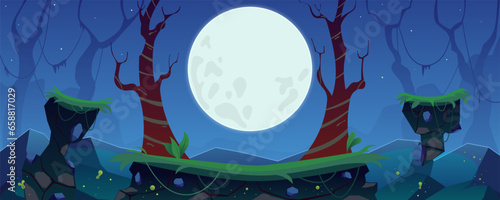 Night fairy forest, twisted trees with vines and moss, big full moon. Game level design, rocky platforms with grass, floating platform, lighting effects. Halloween backdrop.Vector cartoon illustration