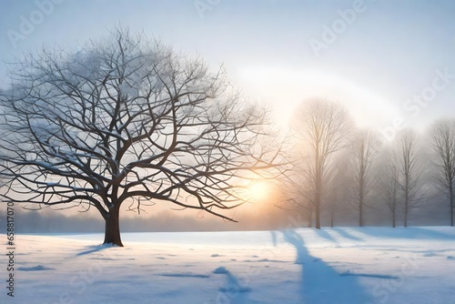 A photorealistic 3D rendering of a winter tree standing alone in a field at dawn, similar to the reference image.  © sania