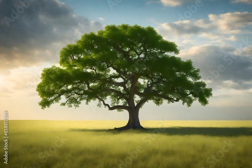 A photorealistic 3D rendering of a lonely green oak tree in a field. 