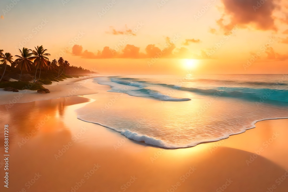 A photorealistic 3D rendering of a close-up sea sand beach at sunset. The sand is soft and golden, and it is marked with the footprints of beachgoers.
