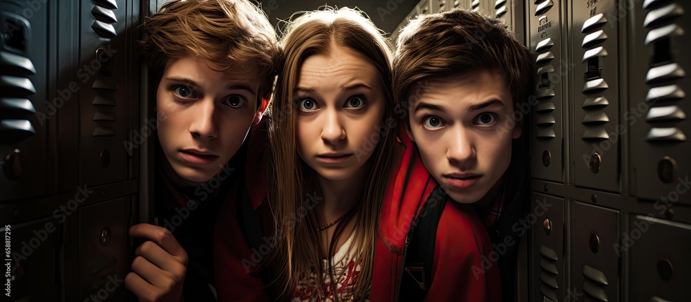 Teenagers gather by lockers in high school hallway With copyspace for text Teenagers gather by lockers in high school hallway With copyspace for text