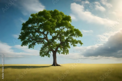 A photorealistic 3D rendering of a lonely green oak tree in a field. 