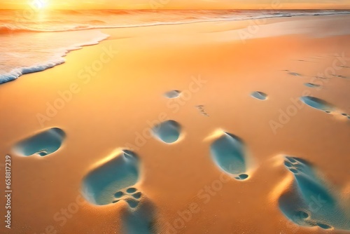 A photorealistic 3D rendering of a close-up sea sand beach at sunset. The sand is soft and golden, and it is marked with the footprints of beachgoers.
