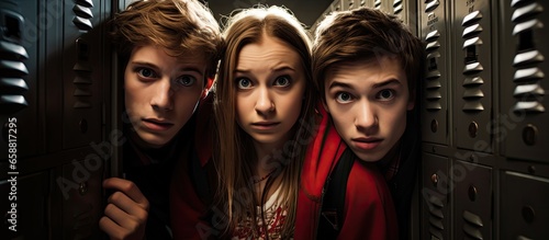 Teenagers gather by lockers in high school hallway With copyspace for text