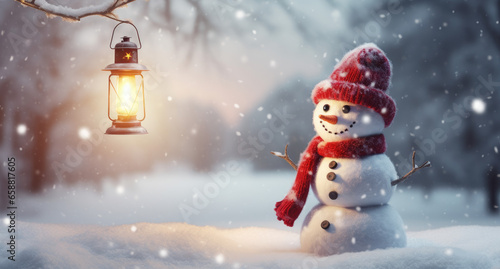 Christmas and happy new year card with copy-space. Snowman in christmas landscape. Snow background.Winter fairytale.