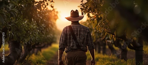 Sunset silhouette of farmer walking in orchard With copyspace for text