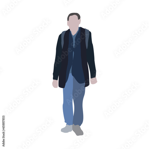 A man walks down the street in autumn clothes. 2D image for use as an entourage. Vector flat city infographics.