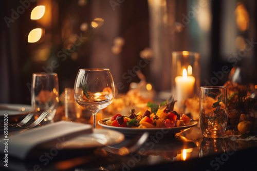 Elegant table setting with candles in restaurant. Selective focus. Romantic dinner setting with candles on table in restaurant. 