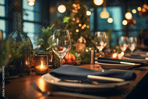 Elegant table setting with candles in restaurant. Selective focus. Romantic dinner setting with candles on table in restaurant. 