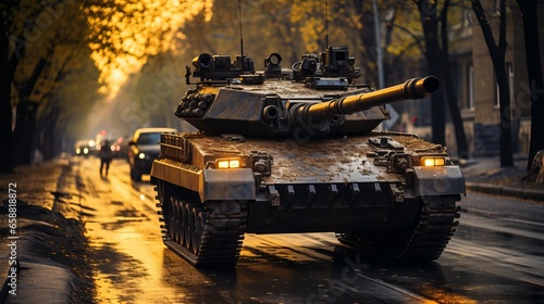 Tank on a military mission. The barrel of a tank. Infantrymen and tankers among the city and steppe. Dangerous military work. Concept  modern military transport.