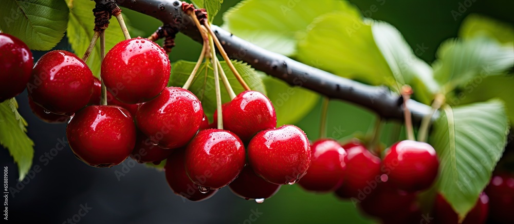 Fototapeta premium Ripe sweet cherries on a garden tree in a close up With copyspace for text