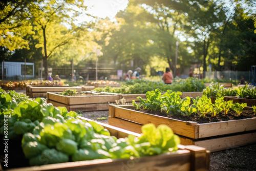 Fototapeta Naklejka Na Ścianę i Meble -  Wooden raided beds in an urban garden. People harvesting fresh vegetables, herbs spices in city urban community garden near their home. Sustainable living lifestyle