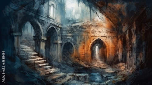 a painting of a dark, eerie, old building