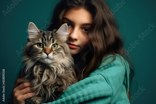Trendy young girl in casual street style, playfully interacting with her curious Maine Coon cat
