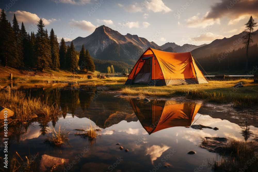 Tent by the lake with mountain scenery in the background and warm evening light