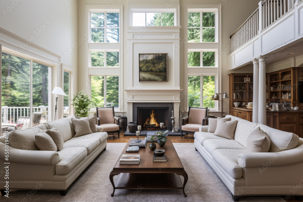 Luxurious Dwelling Harmony  A Glimpse into an Elegant Living Room with Lustrous Hardwood Floors and a Cozy, Inviting Fireplace