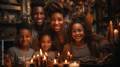 Heartwarming family portrait featuring a diverse, joyous family in loving poses. Predominant colors: black and gray. Ideal for promoting family values, love, unity, and related themes
