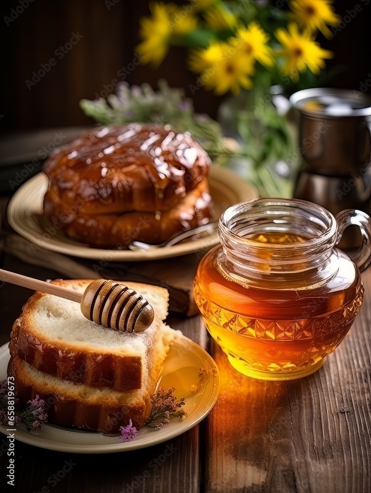 Lush fresh buns with honey and tea on the table. AI Lush fresh buns with honey and tea on the table. AI