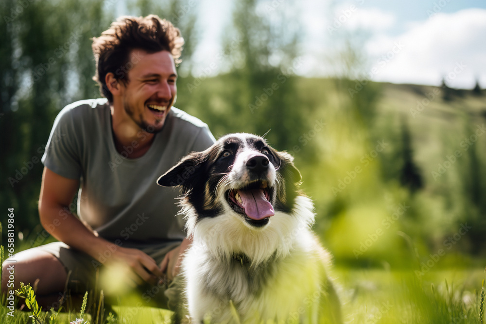 A man sharing a laugh with his energetic Border Collie while playing fetch A man sharing a laugh with his energetic Border Collie while playing fetch