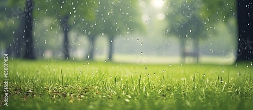 Focus on grass during heavy rain in park With copyspace for text