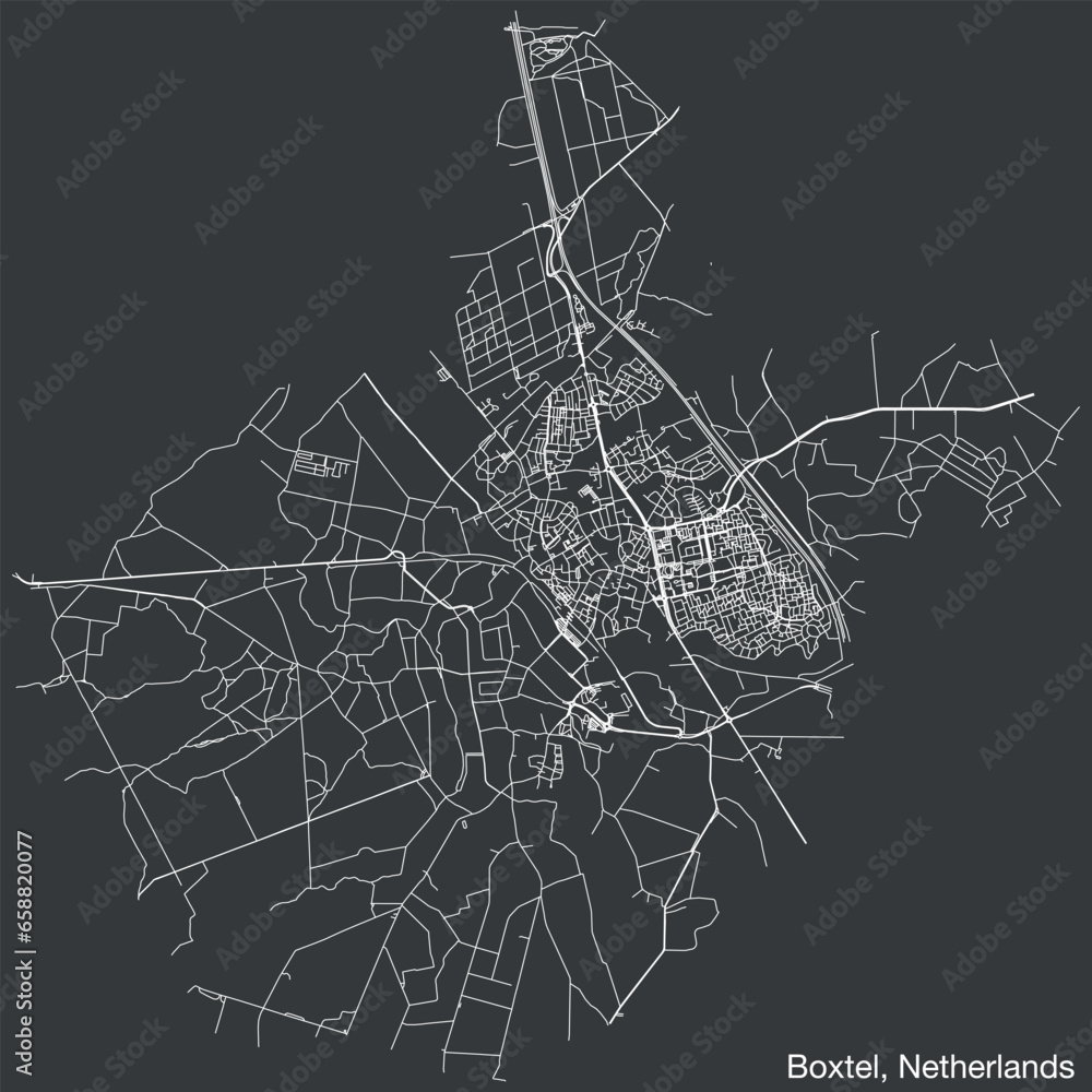 Detailed hand-drawn navigational urban street roads map of the Dutch city of BOXTEL, NETHERLANDS with solid road lines and name tag on vintage background
