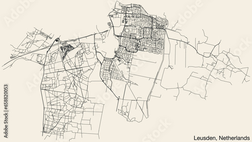 Detailed hand-drawn navigational urban street roads map of the Dutch city of LEUSDEN, NETHERLANDS with solid road lines and name tag on vintage background