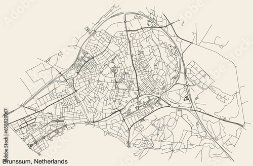 Detailed hand-drawn navigational urban street roads map of the Dutch city of BRUNSSUM, NETHERLANDS with solid road lines and name tag on vintage background