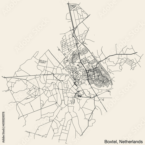 Detailed hand-drawn navigational urban street roads map of the Dutch city of BOXTEL, NETHERLANDS with solid road lines and name tag on vintage background