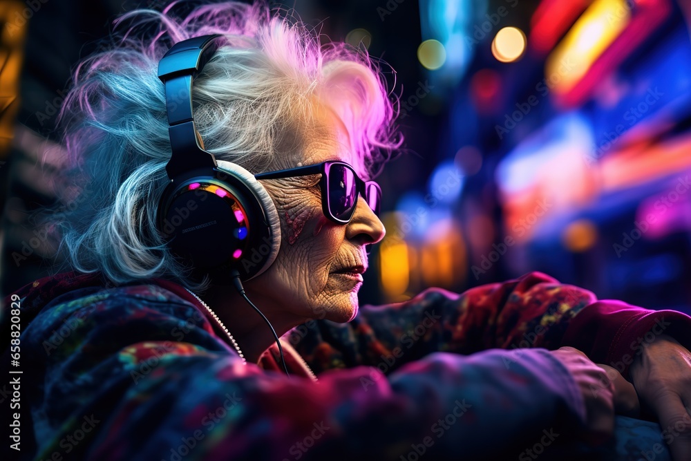 elderly woman immersed in music through large headphones - obrazy, fototapety, plakaty 