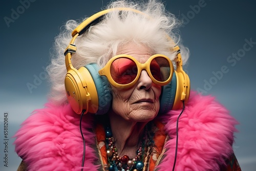 elderly woman immersed in music through large headphones photo